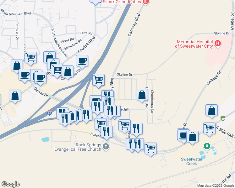 map of restaurants, bars, coffee shops, grocery stores, and more near 222 Gateway Boulevard in Rock Springs