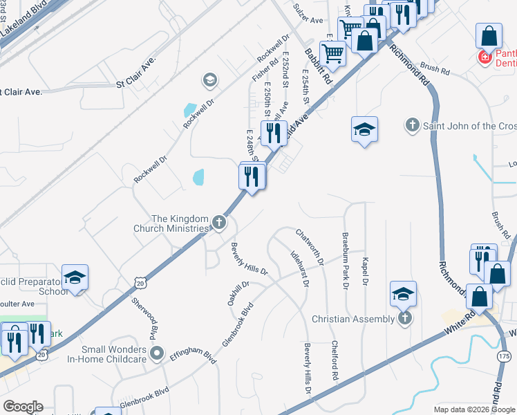 map of restaurants, bars, coffee shops, grocery stores, and more near 24691 Hawthorne Drive in Euclid