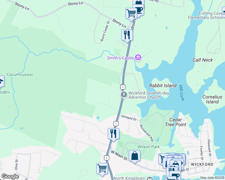 map of restaurants, bars, coffee shops, grocery stores, and more near 8011 Post Road in North Kingstown