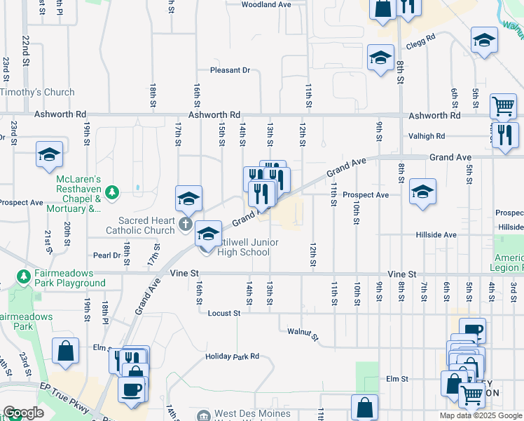map of restaurants, bars, coffee shops, grocery stores, and more near 1306 Grand Ave in West Des Moines