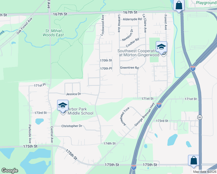 map of restaurants, bars, coffee shops, grocery stores, and more near 5235 Kathleen Court in Oak Forest