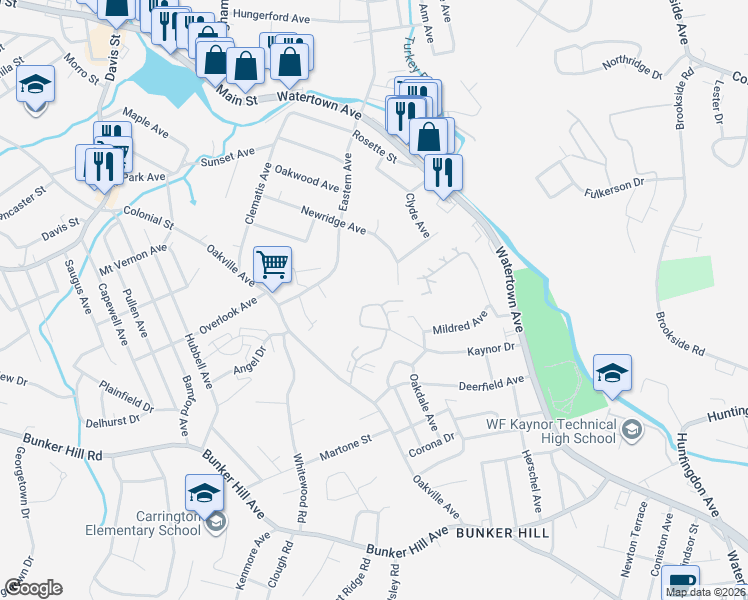 map of restaurants, bars, coffee shops, grocery stores, and more near 30 Kay Lane in Waterbury