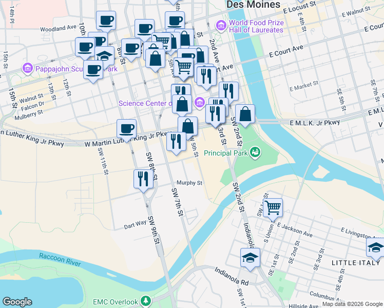 map of restaurants, bars, coffee shops, grocery stores, and more near 340 Southwest 5th Street in Des Moines