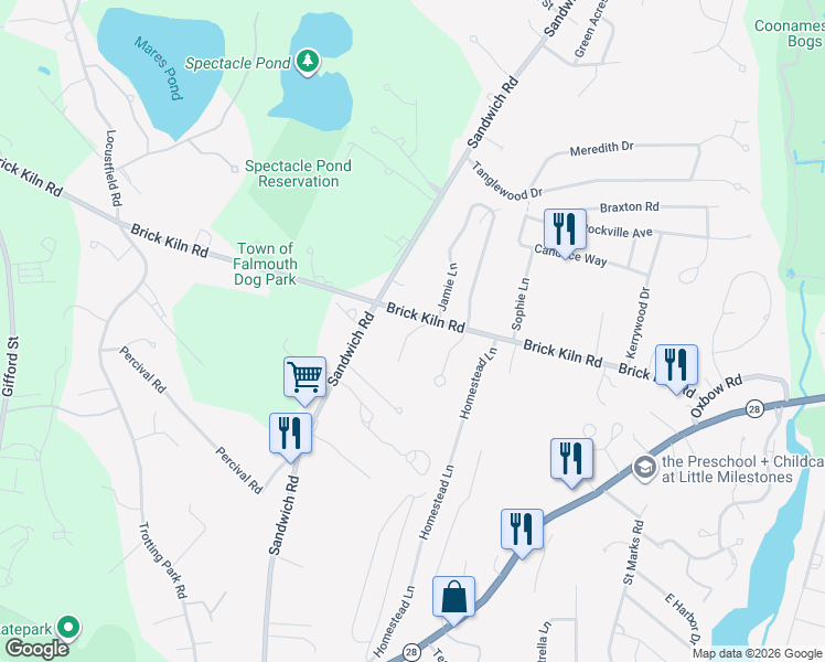 map of restaurants, bars, coffee shops, grocery stores, and more near 154 Brick Kiln Road in Falmouth