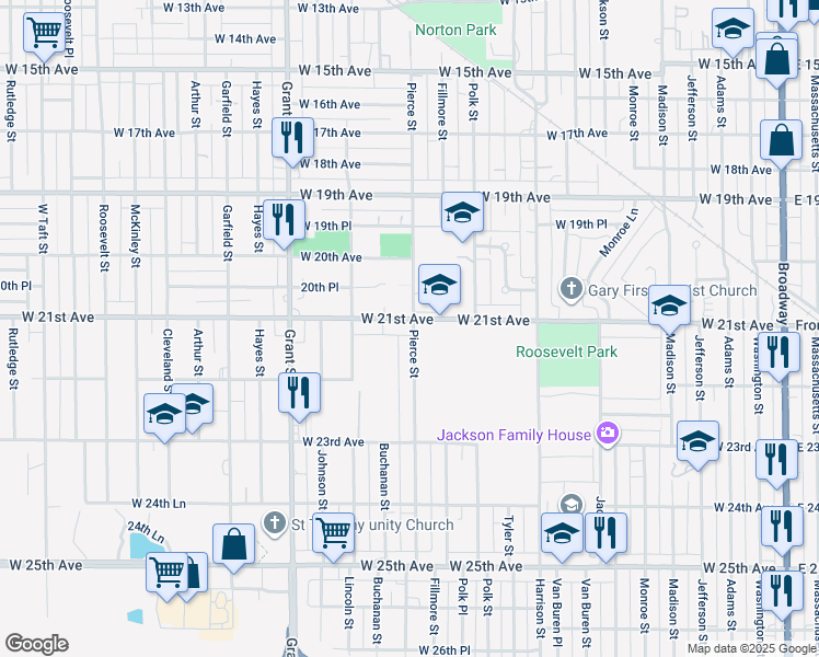 map of restaurants, bars, coffee shops, grocery stores, and more near 1100-1198 West 21st Place in Gary
