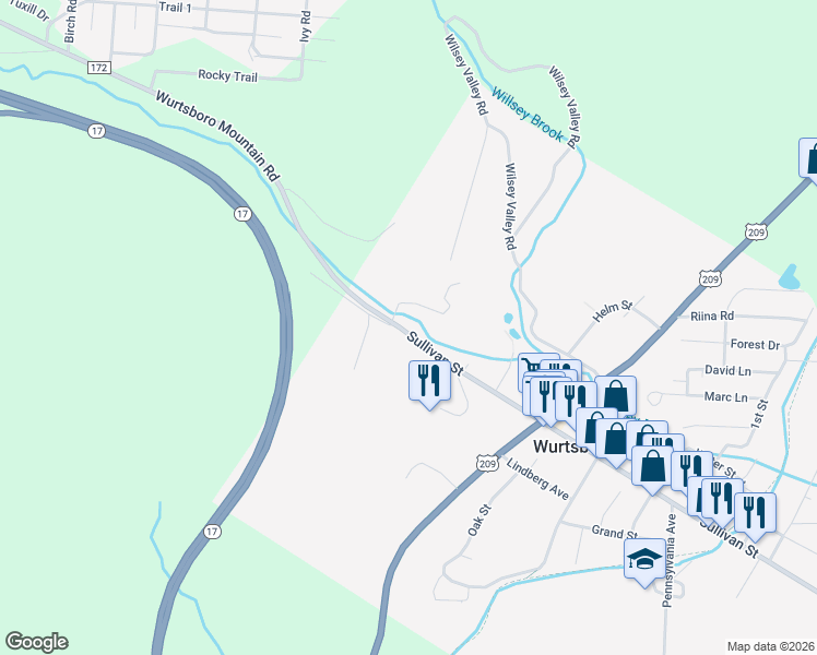 map of restaurants, bars, coffee shops, grocery stores, and more near 224 Sullivan Street in Wurtsboro