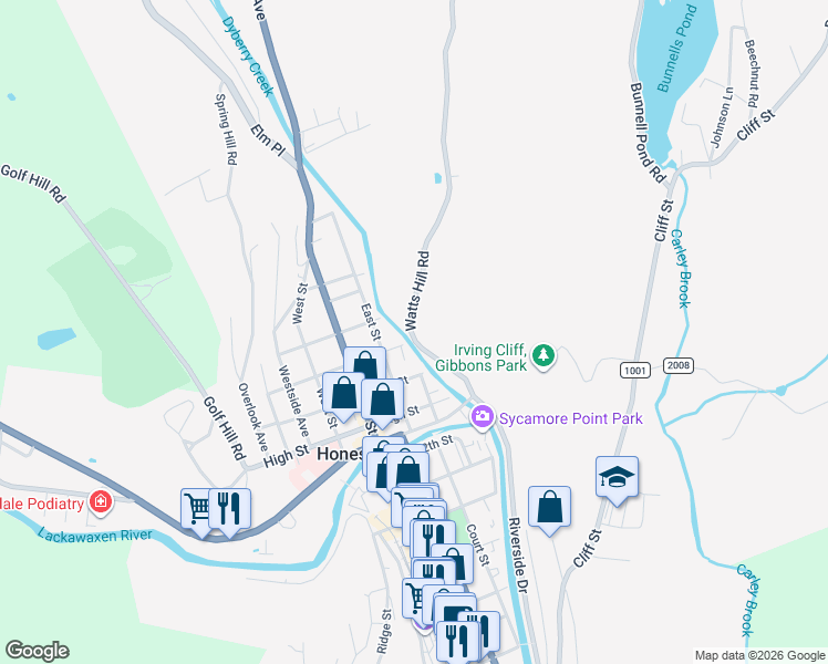 map of restaurants, bars, coffee shops, grocery stores, and more near 698 Watts Hill Road in Honesdale
