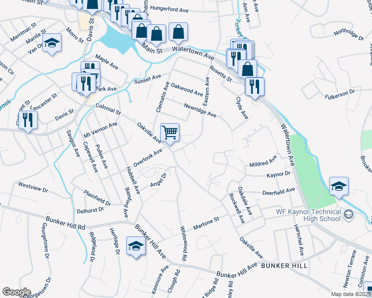 map of restaurants, bars, coffee shops, grocery stores, and more near 26 Elmer Street in Waterbury