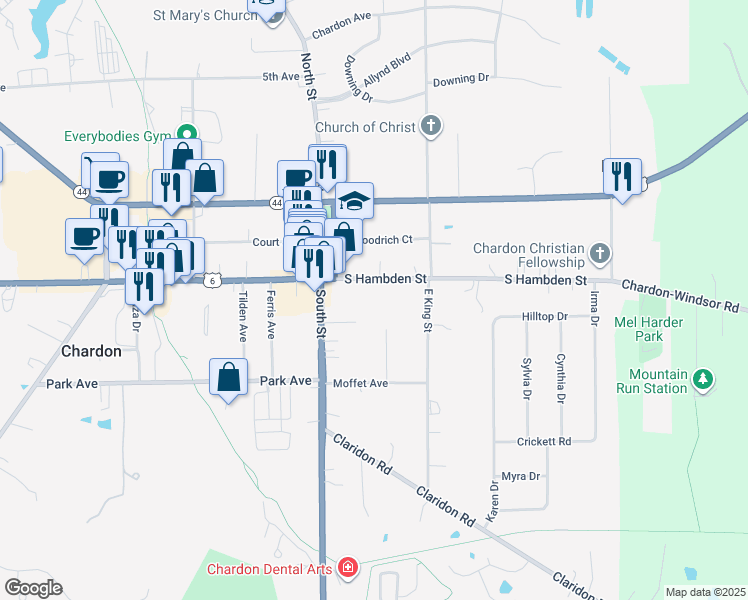 map of restaurants, bars, coffee shops, grocery stores, and more near 126 Carson Drive in Chardon