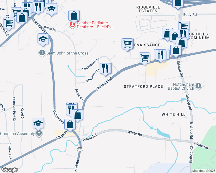 map of restaurants, bars, coffee shops, grocery stores, and more near 27028 Chardon Road in Richmond Heights