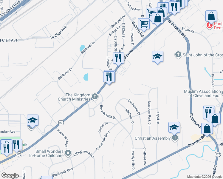 map of restaurants, bars, coffee shops, grocery stores, and more near 24661 Hawthorne Drive in Euclid