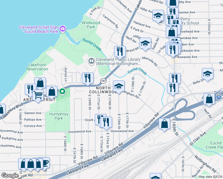 map of restaurants, bars, coffee shops, grocery stores, and more near 1018 East 174th Street in Cleveland