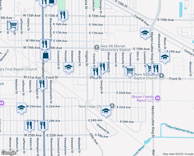 map of restaurants, bars, coffee shops, grocery stores, and more near 2134 Carolina Street in Gary