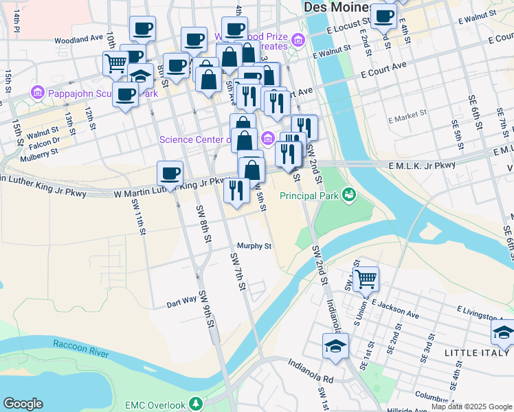 map of restaurants, bars, coffee shops, grocery stores, and more near 405 Southwest 5th Street in Des Moines