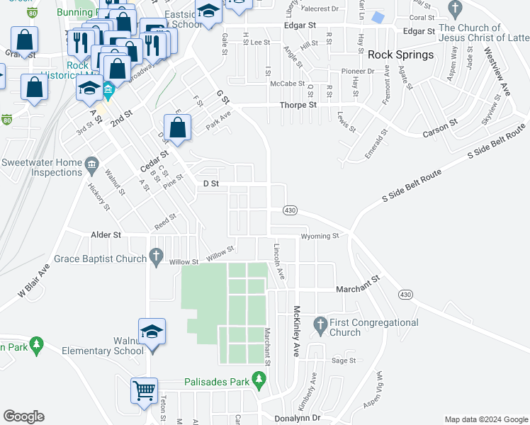 map of restaurants, bars, coffee shops, grocery stores, and more near 804 Connecticut Avenue in Rock Springs