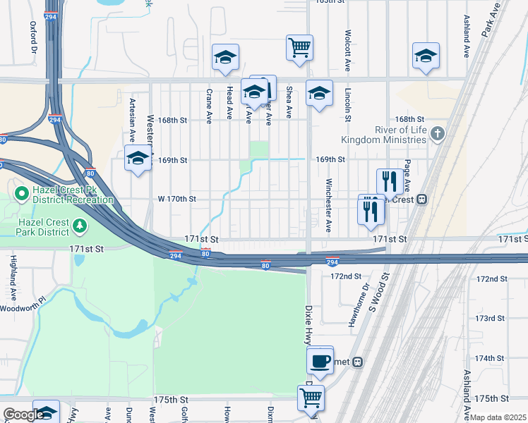 map of restaurants, bars, coffee shops, grocery stores, and more near 17026 Bulger Avenue in Hazel Crest