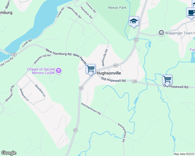 map of restaurants, bars, coffee shops, grocery stores, and more near 86 Old Hopewell Road in Wappingers Falls