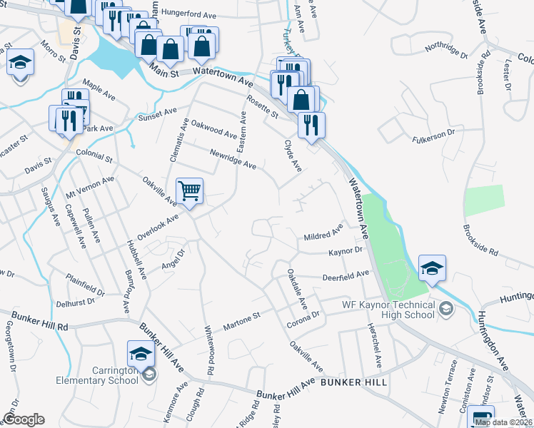 map of restaurants, bars, coffee shops, grocery stores, and more near 30 Kay Lane in Waterbury