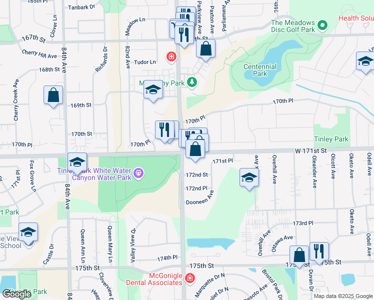 map of restaurants, bars, coffee shops, grocery stores, and more near 7941 171st Street in Tinley Park