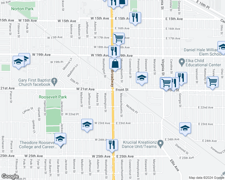 map of restaurants, bars, coffee shops, grocery stores, and more near 1 West 21st Avenue in Gary