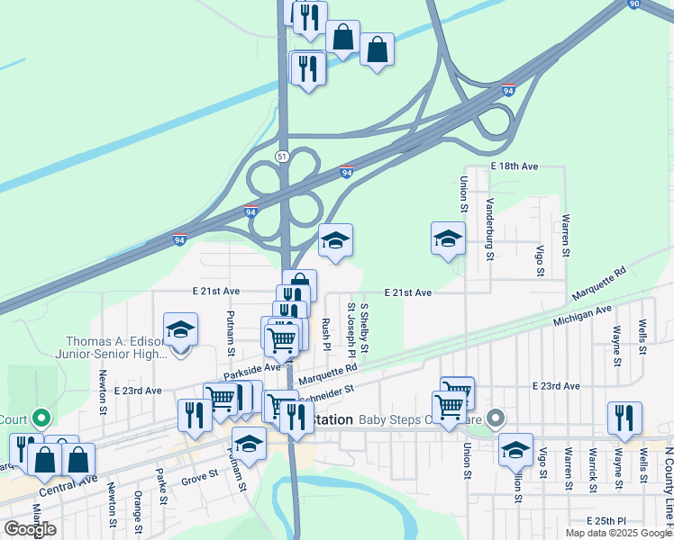 map of restaurants, bars, coffee shops, grocery stores, and more near 2075 Rush Place in Gary