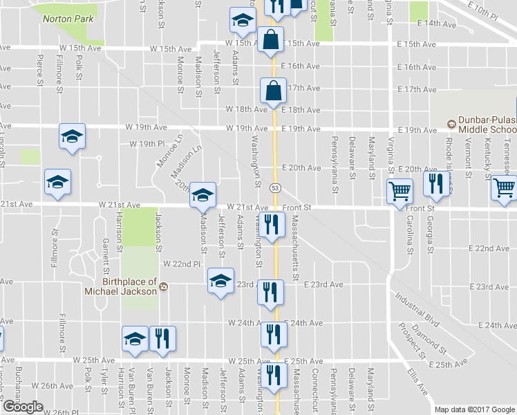 map of restaurants, bars, coffee shops, grocery stores, and more near 98 West 21st Avenue in Gary