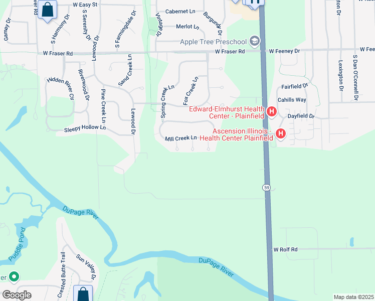 map of restaurants, bars, coffee shops, grocery stores, and more near 16650 Pebble Creek Lane in Plainfield