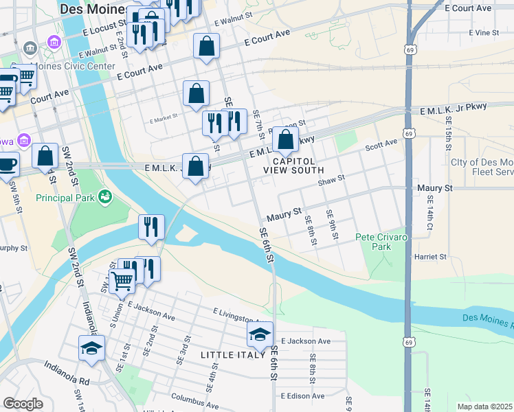 map of restaurants, bars, coffee shops, grocery stores, and more near 717 SE 6th St in Des Moines