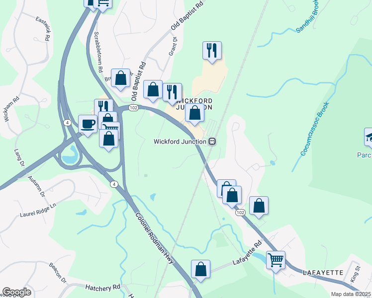 map of restaurants, bars, coffee shops, grocery stores, and more near 30 Roberts Way in North Kingstown