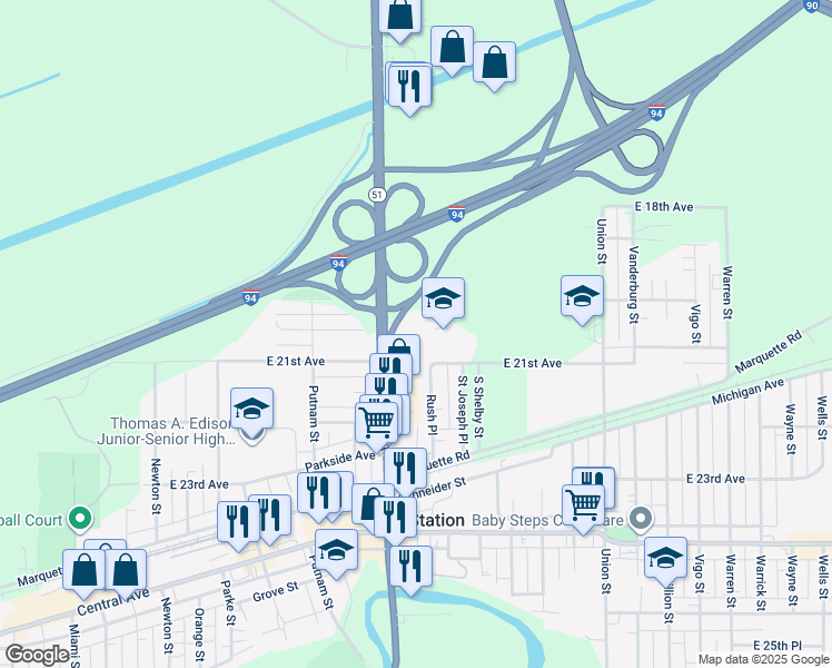 map of restaurants, bars, coffee shops, grocery stores, and more near 2075 Rush Place in Gary