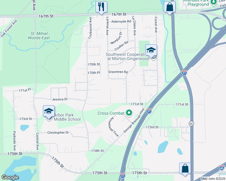 map of restaurants, bars, coffee shops, grocery stores, and more near 17029 Danielle Court in Oak Forest