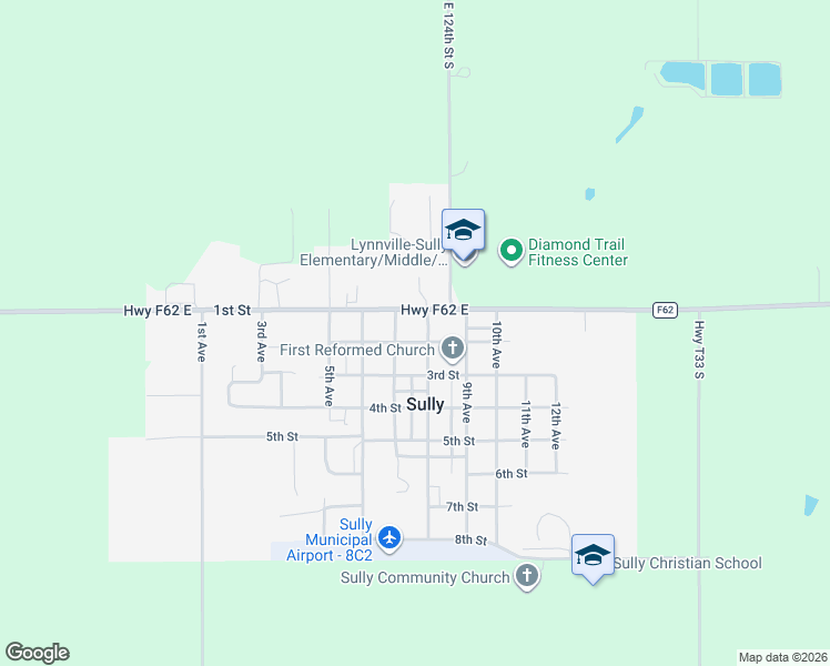 map of restaurants, bars, coffee shops, grocery stores, and more near 705 2nd Street in Sully