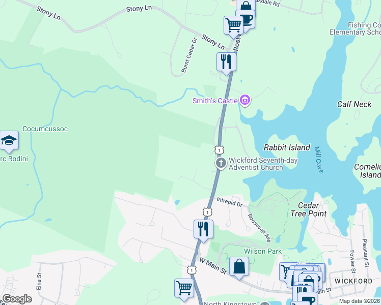 map of restaurants, bars, coffee shops, grocery stores, and more near 8011 Post Road in North Kingstown