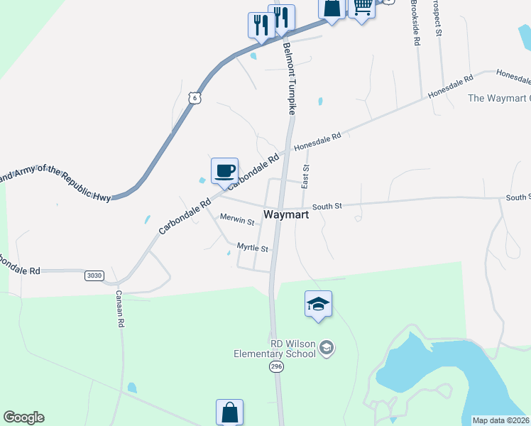 map of restaurants, bars, coffee shops, grocery stores, and more near 151 Belmont Street in Waymart