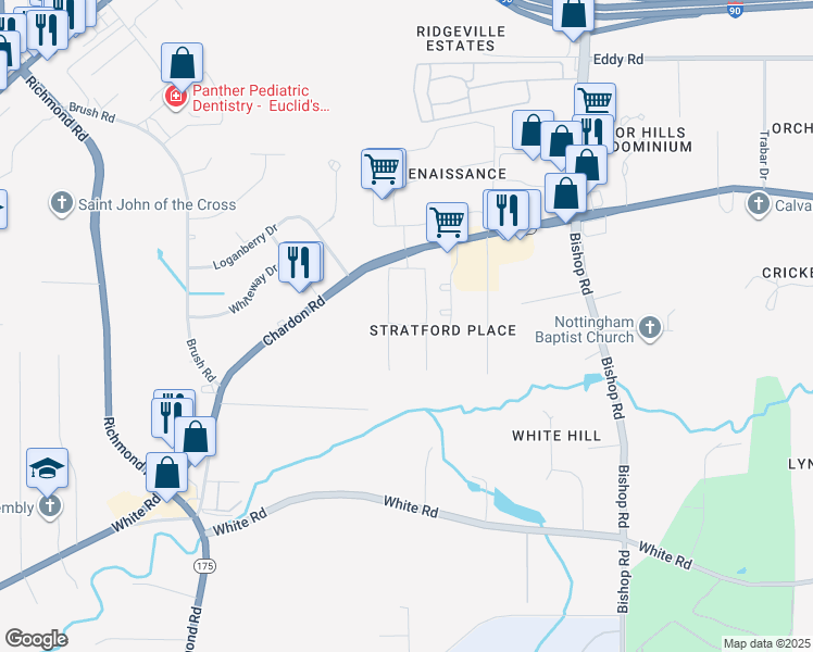 map of restaurants, bars, coffee shops, grocery stores, and more near 27400 Chardon Road in Wickliffe