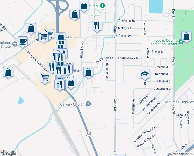map of restaurants, bars, coffee shops, grocery stores, and more near 406 Harris Court in Maumee