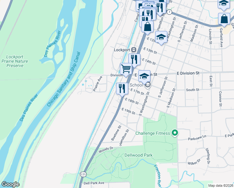 map of restaurants, bars, coffee shops, grocery stores, and more near in Lockport