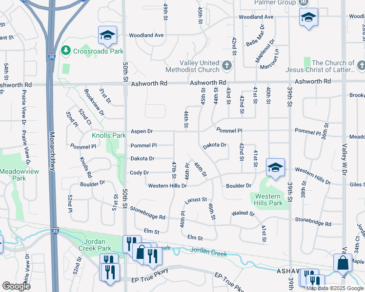 map of restaurants, bars, coffee shops, grocery stores, and more near 637 47th Street in West Des Moines