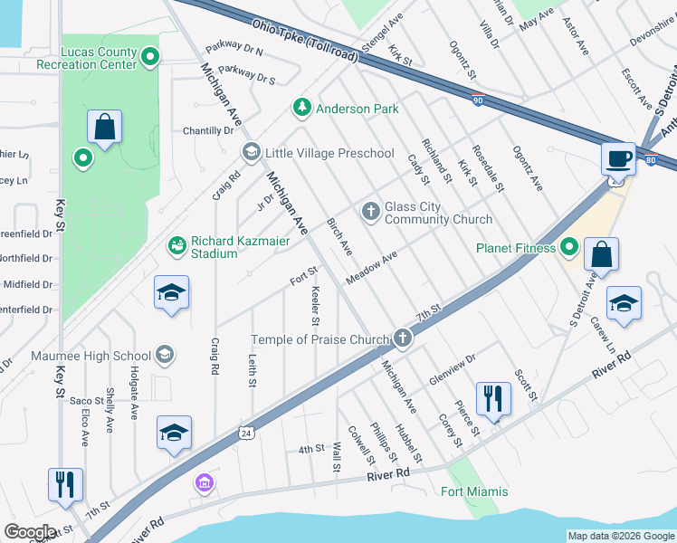 map of restaurants, bars, coffee shops, grocery stores, and more near 1102 Michigan Avenue in Maumee