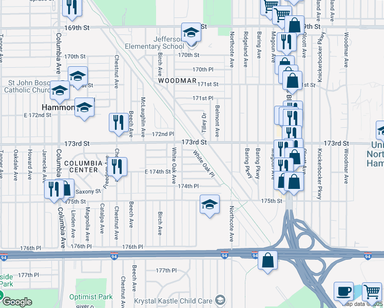 map of restaurants, bars, coffee shops, grocery stores, and more near 1631 173rd Place in Hammond