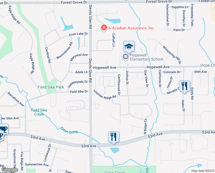 map of restaurants, bars, coffee shops, grocery stores, and more near 3726 Thunder Ridge Road in Bettendorf