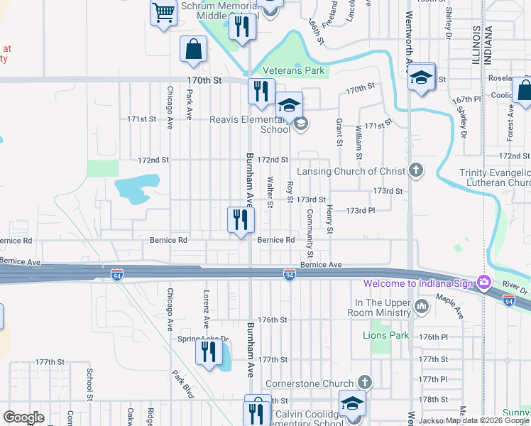 map of restaurants, bars, coffee shops, grocery stores, and more near 17318 Walter Street in Lansing