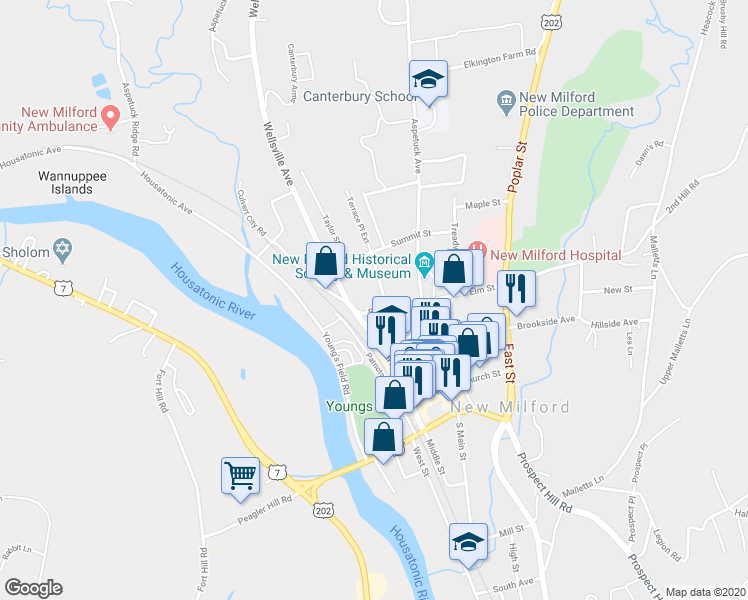 map of restaurants, bars, coffee shops, grocery stores, and more near 99 Terrace Place in New Milford
