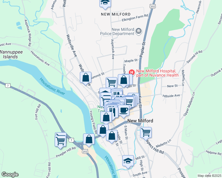 map of restaurants, bars, coffee shops, grocery stores, and more near 55 Main Street in New Milford
