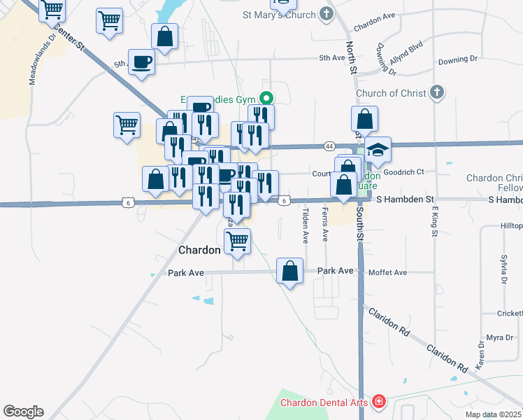 map of restaurants, bars, coffee shops, grocery stores, and more near 417 Water Street in Chardon