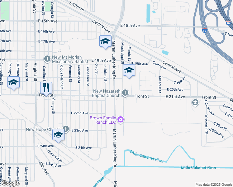 map of restaurants, bars, coffee shops, grocery stores, and more near 1521 East 21st Avenue in Gary