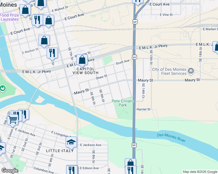 map of restaurants, bars, coffee shops, grocery stores, and more near 813 Southeast 10th Street in Des Moines