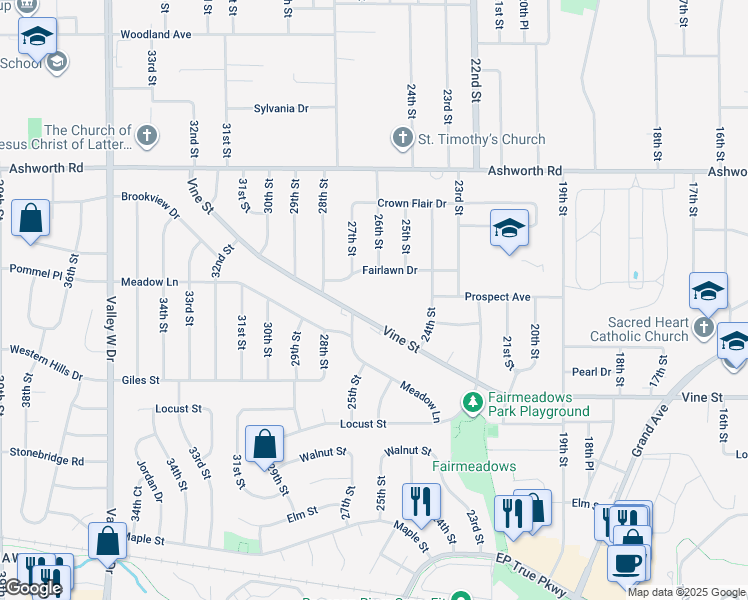 map of restaurants, bars, coffee shops, grocery stores, and more near 2600 Vine Street in West Des Moines