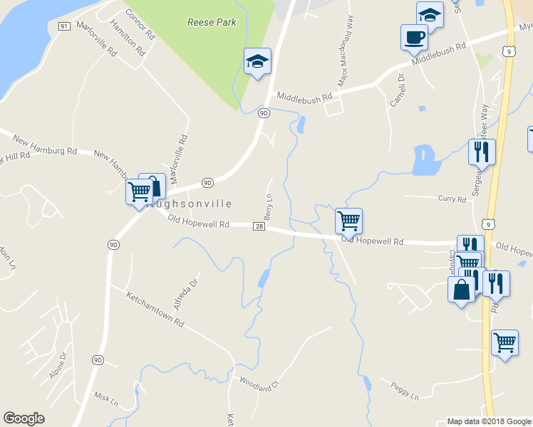 map of restaurants, bars, coffee shops, grocery stores, and more near 51 Berry Lane in Wappingers Falls