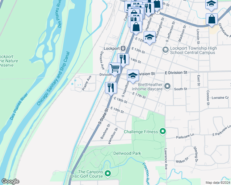 map of restaurants, bars, coffee shops, grocery stores, and more near 1720 South State Street in Lockport